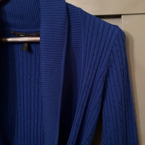 BCBGMaxAzria Cable Knit Cardigan Sweater Shawl Collar Tie Waist Blue Size Small - Picture 4 of 6